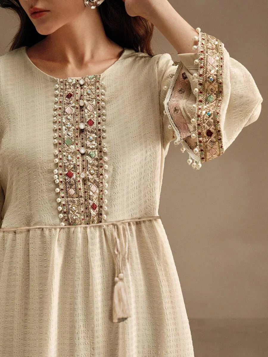 Elegant Embroidery amp Beaded Decor ALine Dress For Women Maxi Women Outfit