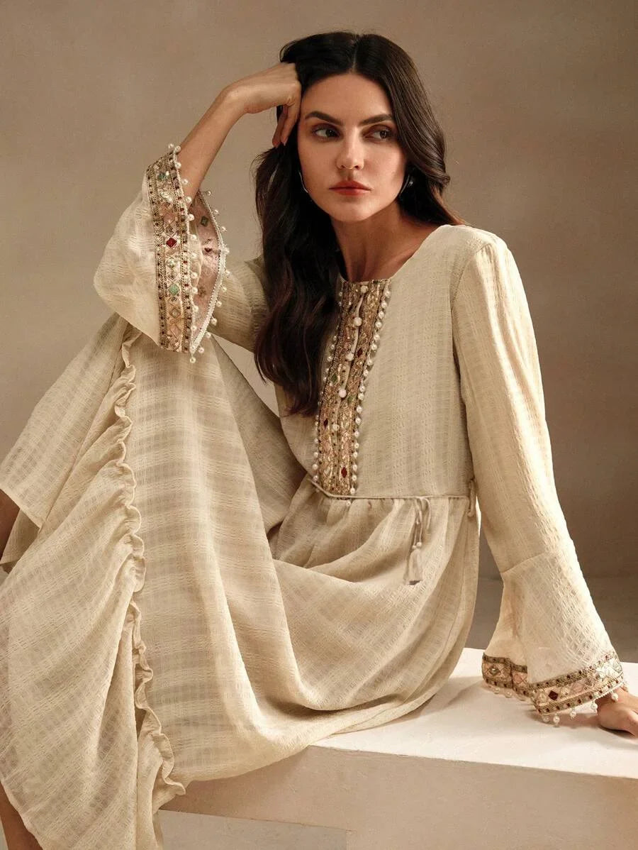 Elegant Embroidery amp Beaded Decor ALine Dress For Women Maxi Women Outfit