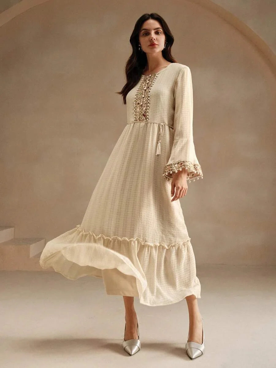 Elegant Embroidery amp Beaded Decor ALine Dress For Women Maxi Women Outfit