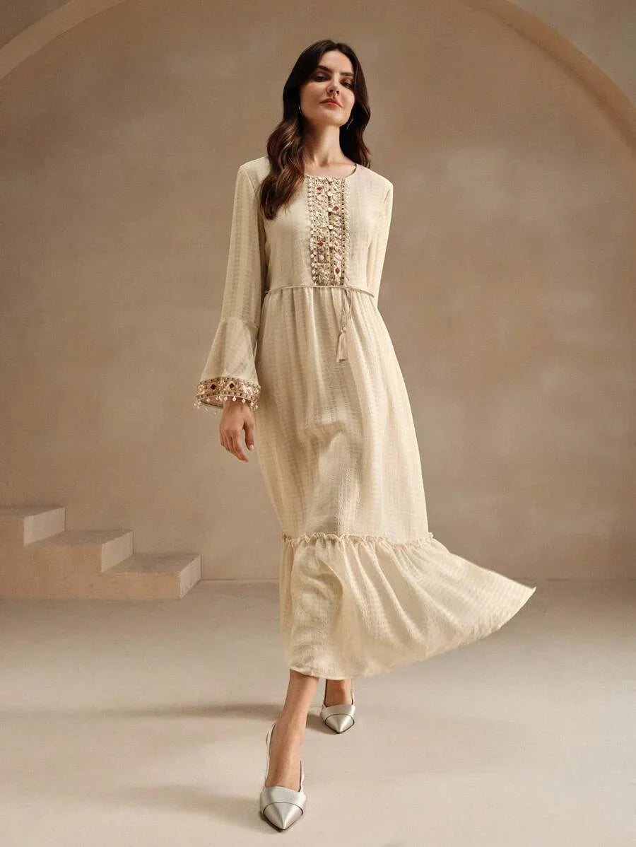 Elegant Embroidery amp Beaded Decor ALine Dress For Women Maxi Women Outfit
