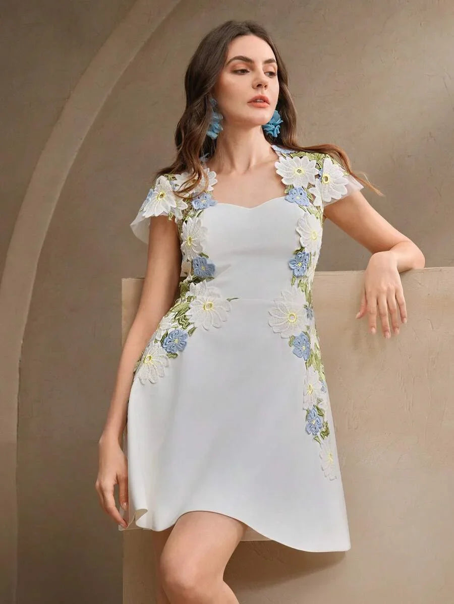 Elegant Floral Embroidery amp Hollow Out Ruched Waist Womens Dress FestivalGoing OutVacation