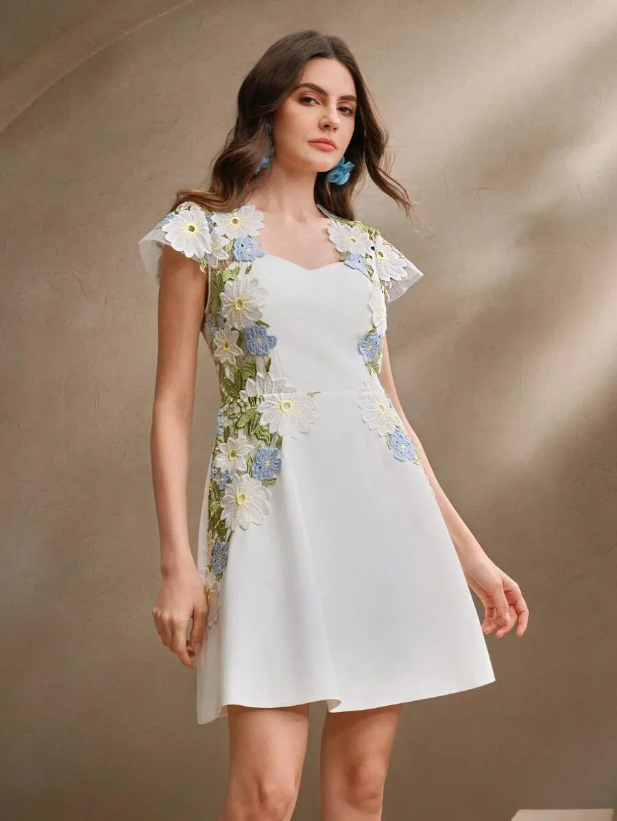 Elegant Floral Embroidery amp Hollow Out Ruched Waist Womens Dress FestivalGoing OutVacation