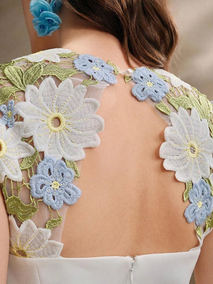 Elegant Floral Embroidery amp Hollow Out Ruched Waist Womens Dress FestivalGoing OutVacation