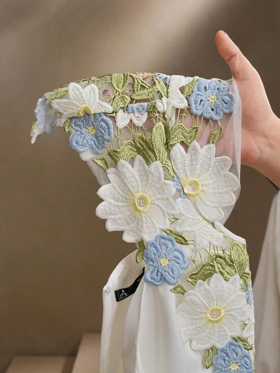 Elegant Floral Embroidery amp Hollow Out Ruched Waist Womens Dress FestivalGoing OutVacation