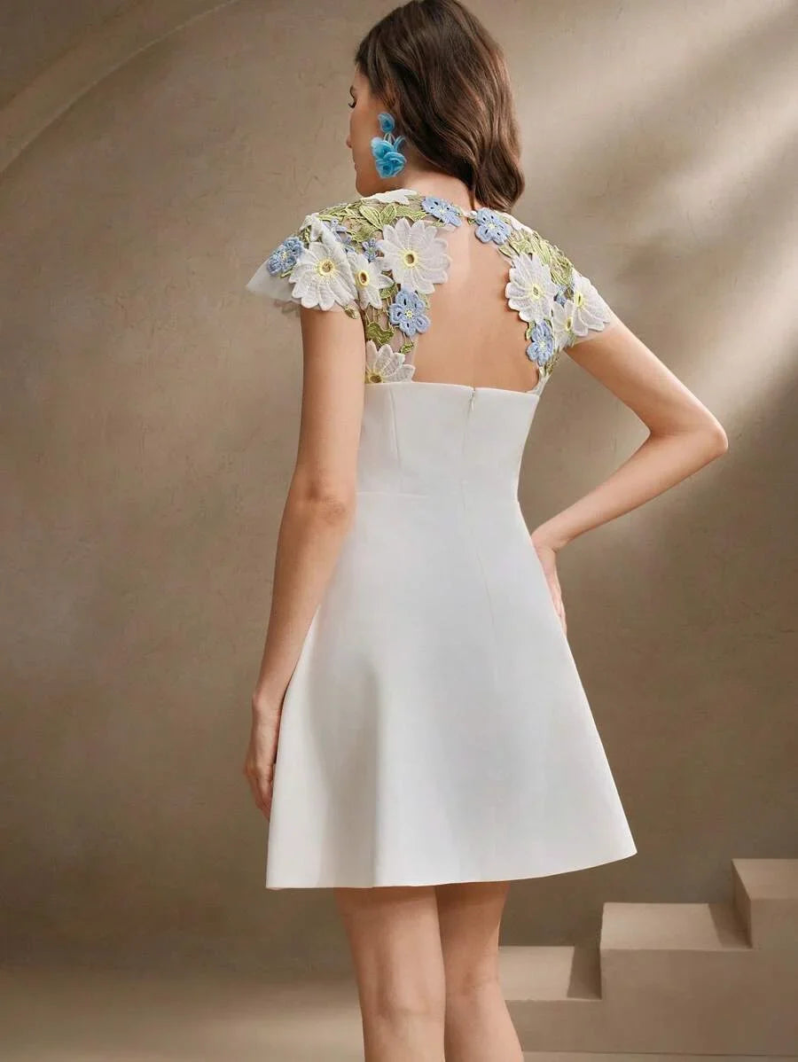 Elegant Floral Embroidery amp Hollow Out Ruched Waist Womens Dress FestivalGoing OutVacation