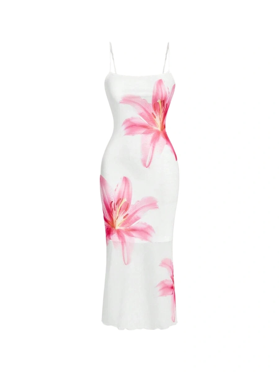 floral print spaghetti strap midi dress with pink lilies on a white background