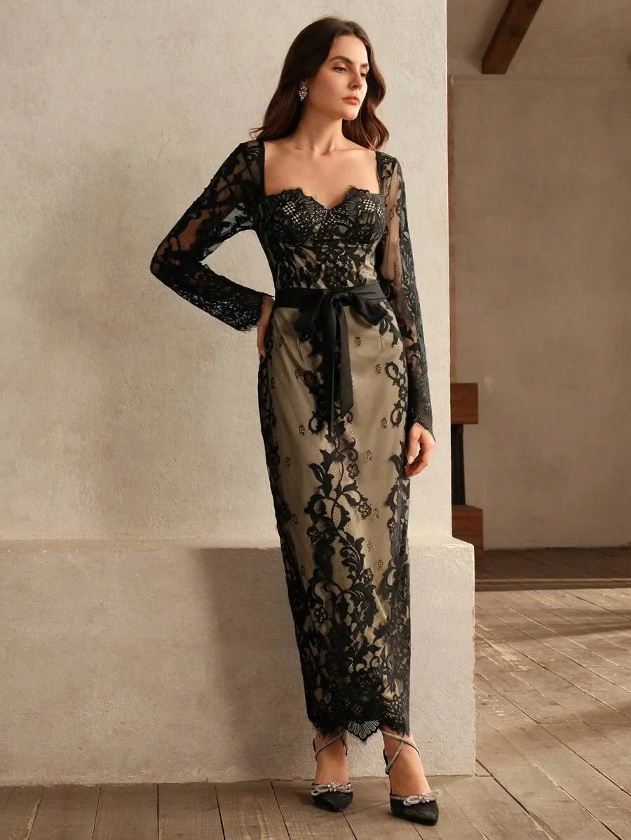 Elegant Lace Long Sleeve Bodycon Dress Maxi Embroidery Women Outfit