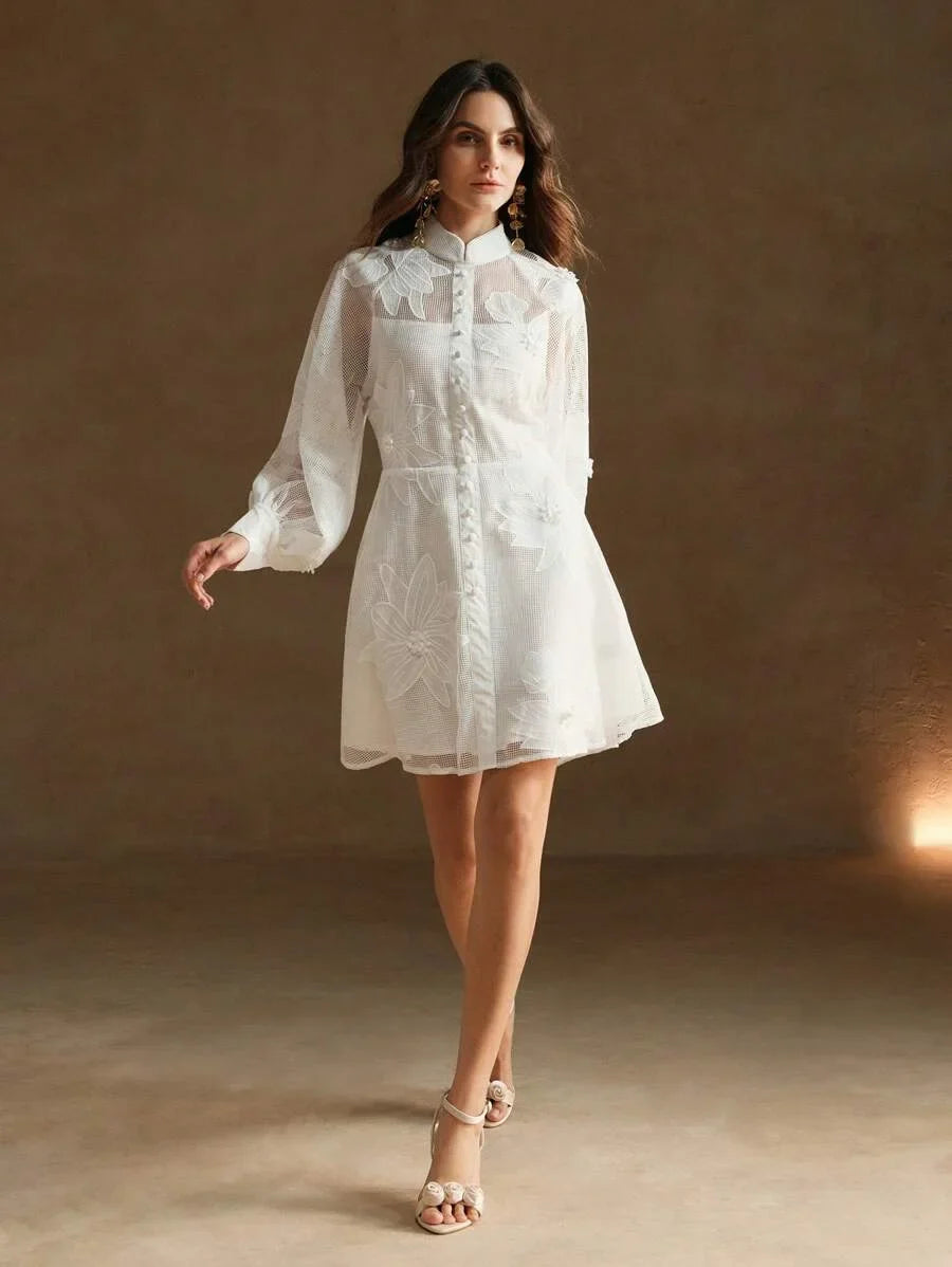 Elegant Lantern Sleeve White Lace WaistCinched Womens Dress Suitable For Office