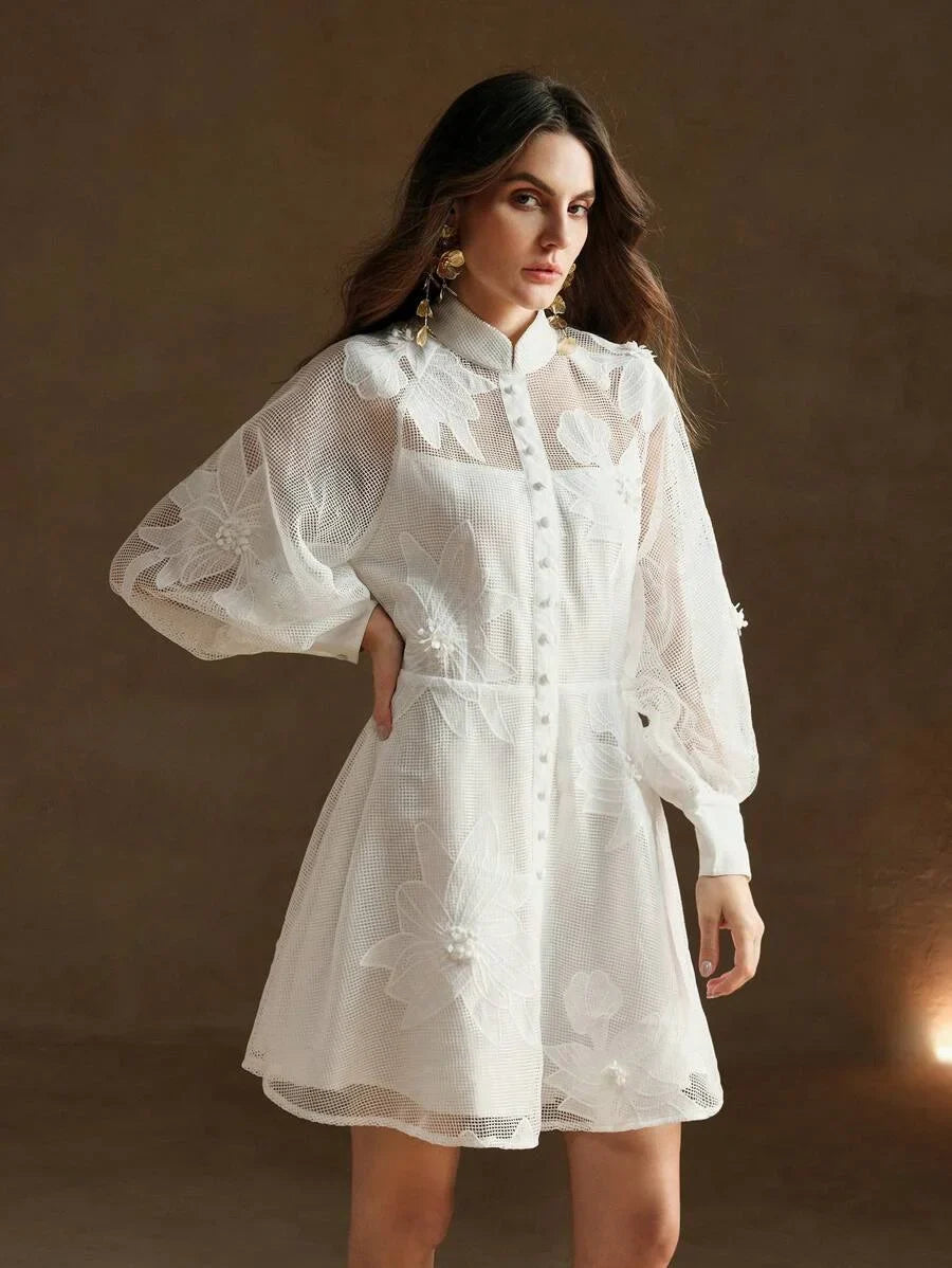 Elegant Lantern Sleeve White Lace WaistCinched Womens Dress Suitable For Office