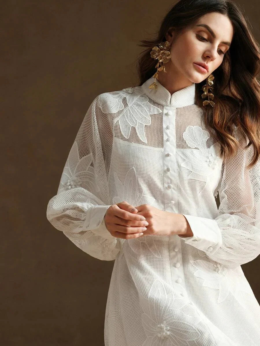 Elegant Lantern Sleeve White Lace WaistCinched Womens Dress Suitable For Office