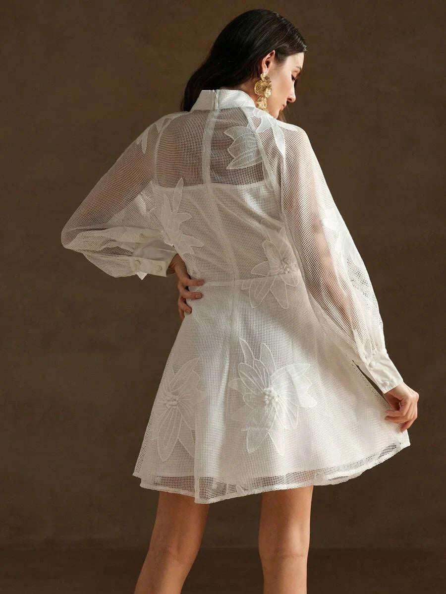 Elegant Lantern Sleeve White Lace WaistCinched Womens Dress Suitable For Office
