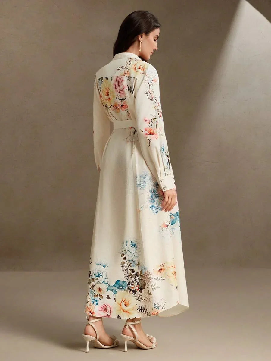 Elegant LinenLike Printed Tie Waist Floral Midi Dress Spring Outfit For Women