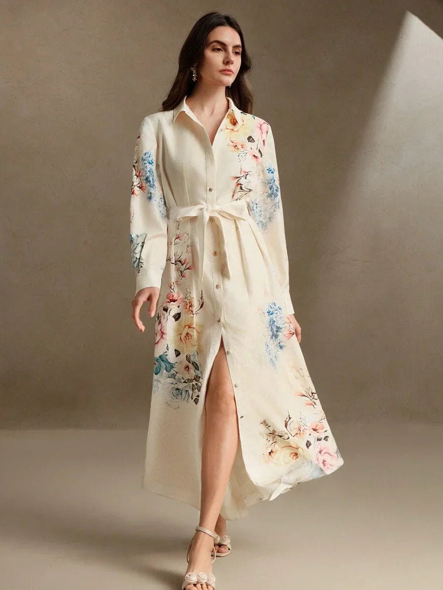 Elegant LinenLike Printed Tie Waist Floral Midi Dress Spring Outfit For Women