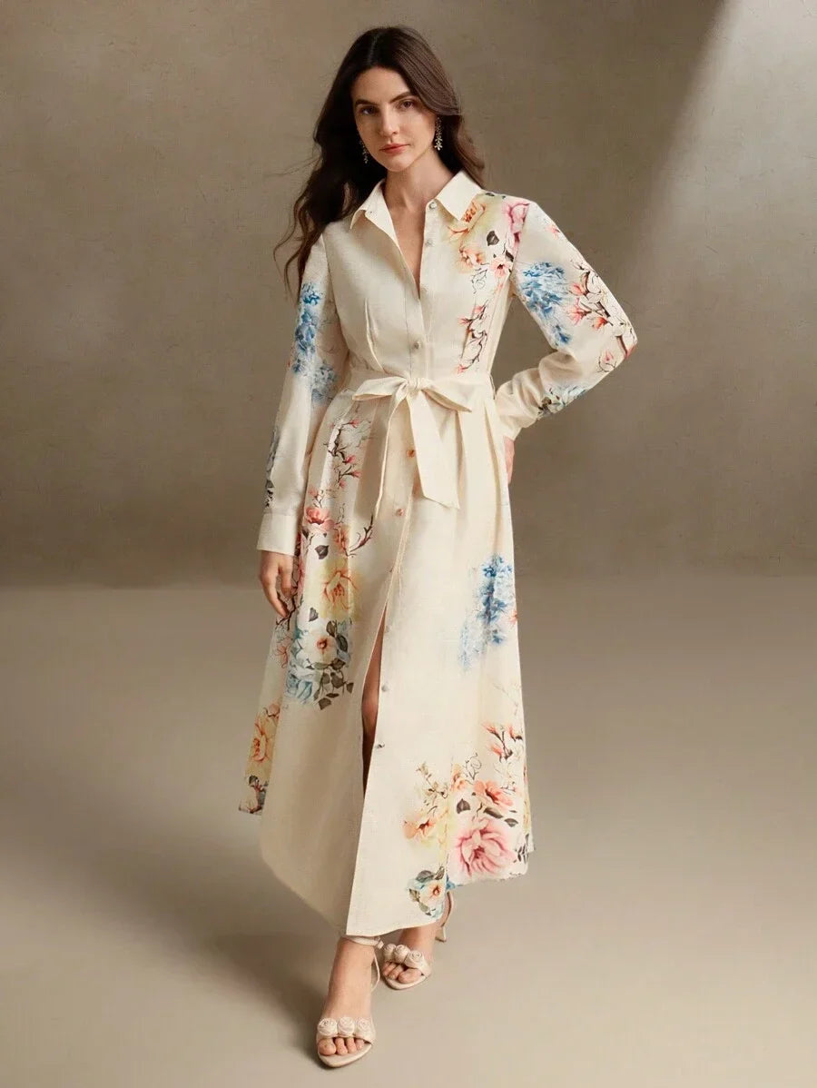 Elegant LinenLike Printed Tie Waist Floral Midi Dress Spring Outfit For Women