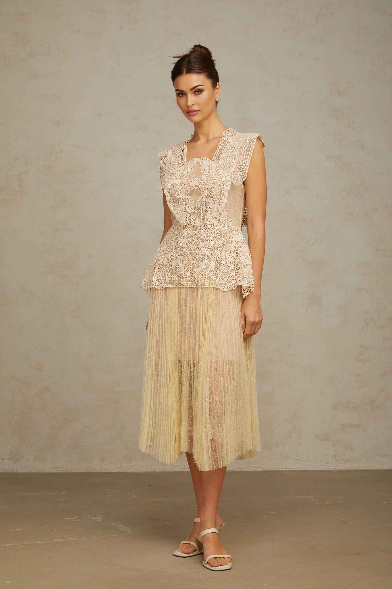 Elegant neutral midi dress with floral lace panels and tulle fabric named Celeste