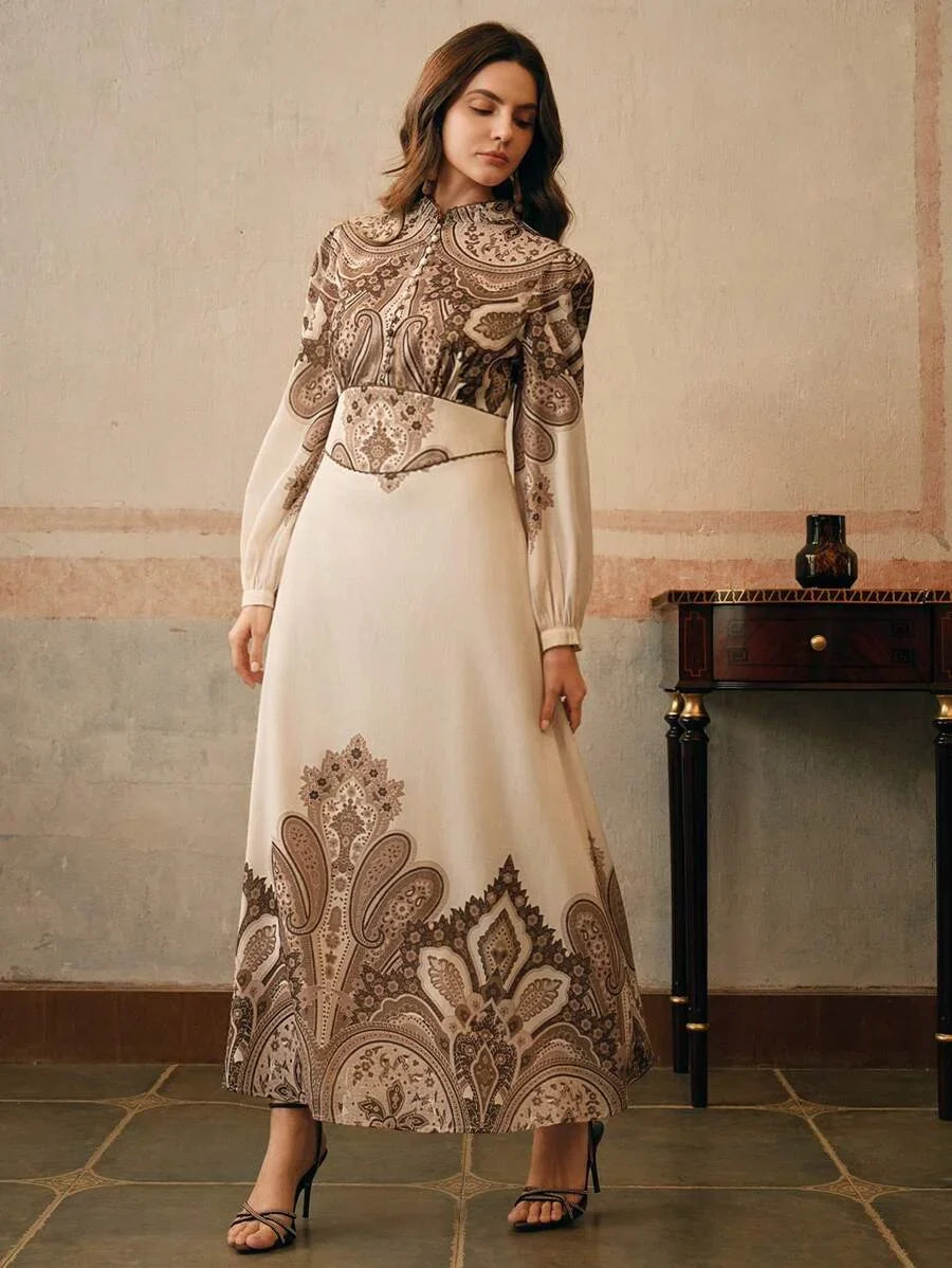 Elegant Paisley Print Long Sleeve Stand Collar Lantern Sleeve Dress Suitable For Valentines Day New