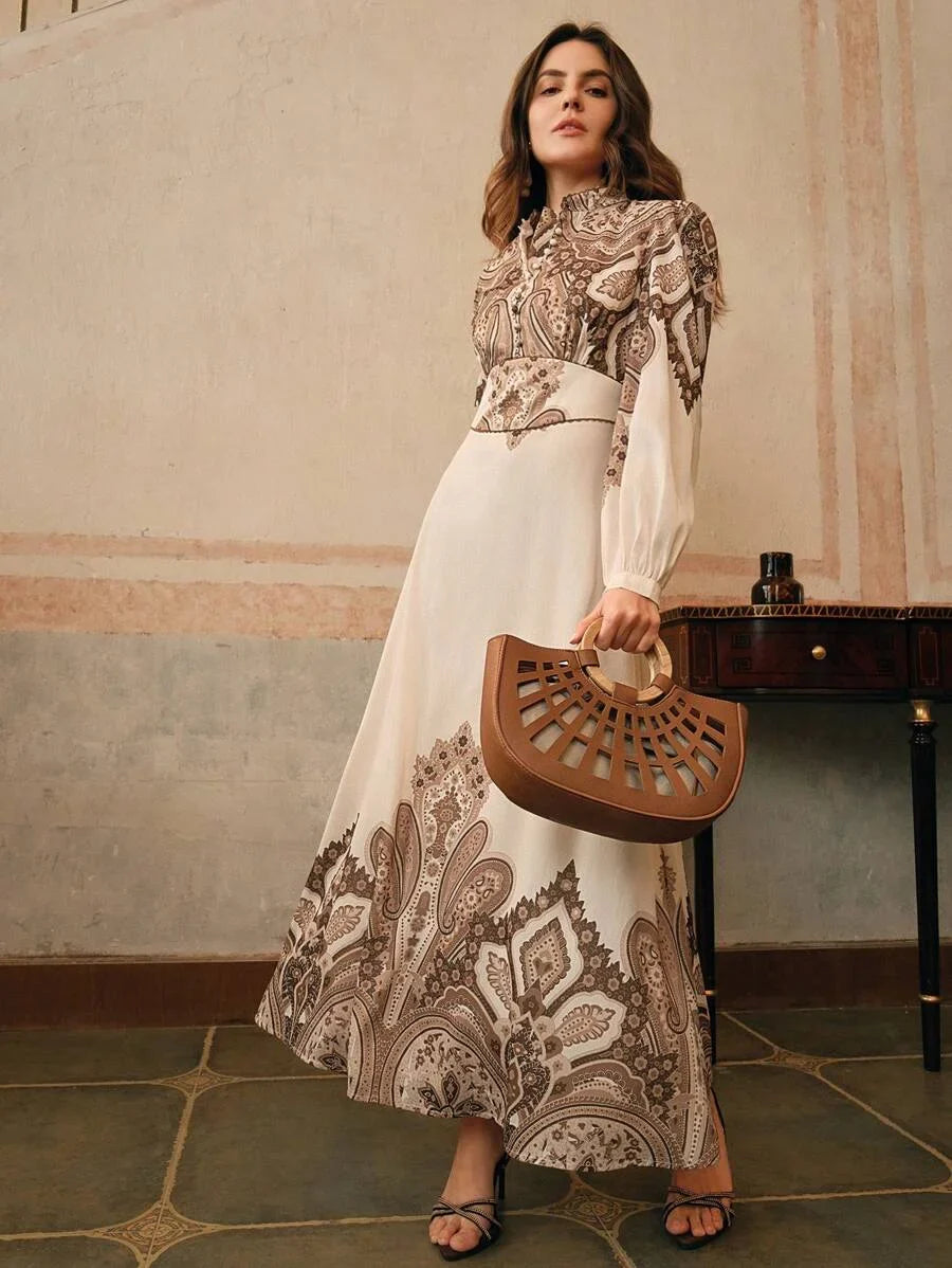 Elegant Paisley Print Long Sleeve Stand Collar Lantern Sleeve Dress Suitable For Valentines Day New