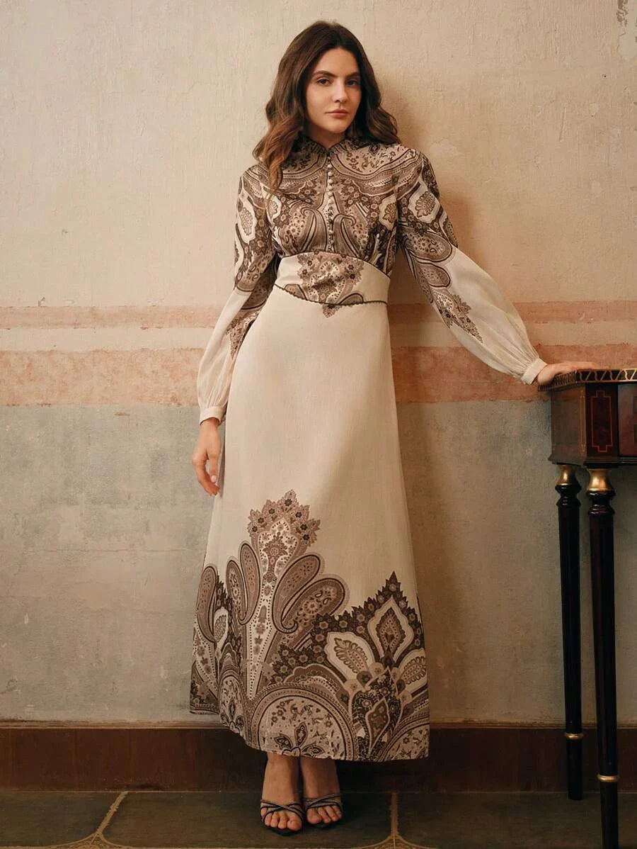 Elegant Paisley Print Long Sleeve Stand Collar Lantern Sleeve Dress Suitable For Valentines Day New