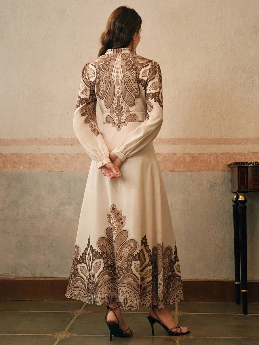 Elegant Paisley Print Long Sleeve Stand Collar Lantern Sleeve Dress Suitable For Valentines Day New
