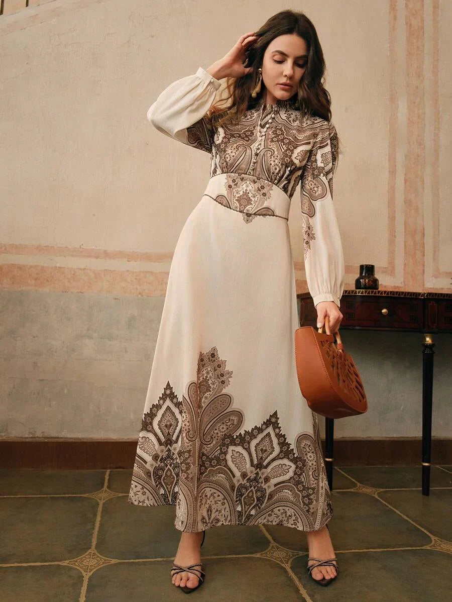 Elegant Paisley Print Long Sleeve Stand Collar Lantern Sleeve Dress Suitable For Valentines Day New