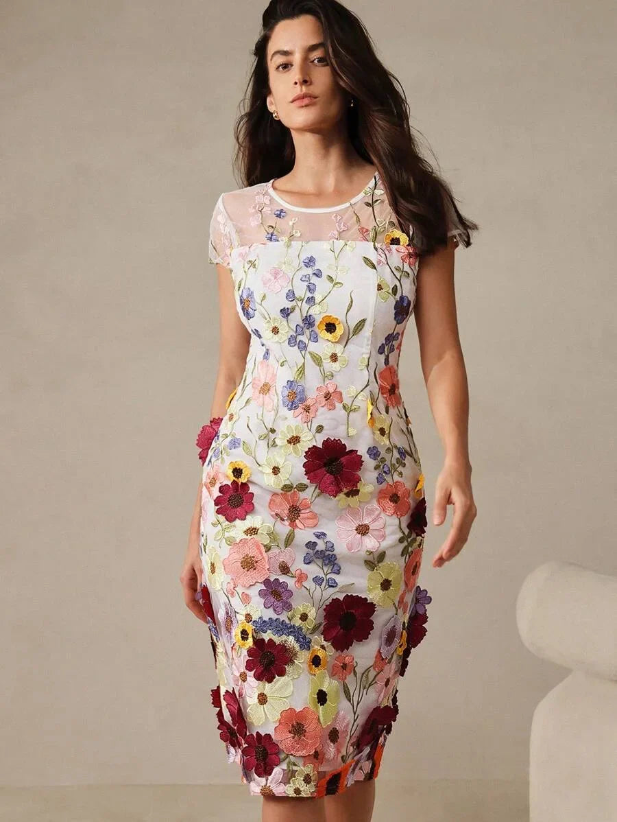 Elegant Party Delicate 3D Floral Decor Women Round Neck Slim Fit Waist Short Dress