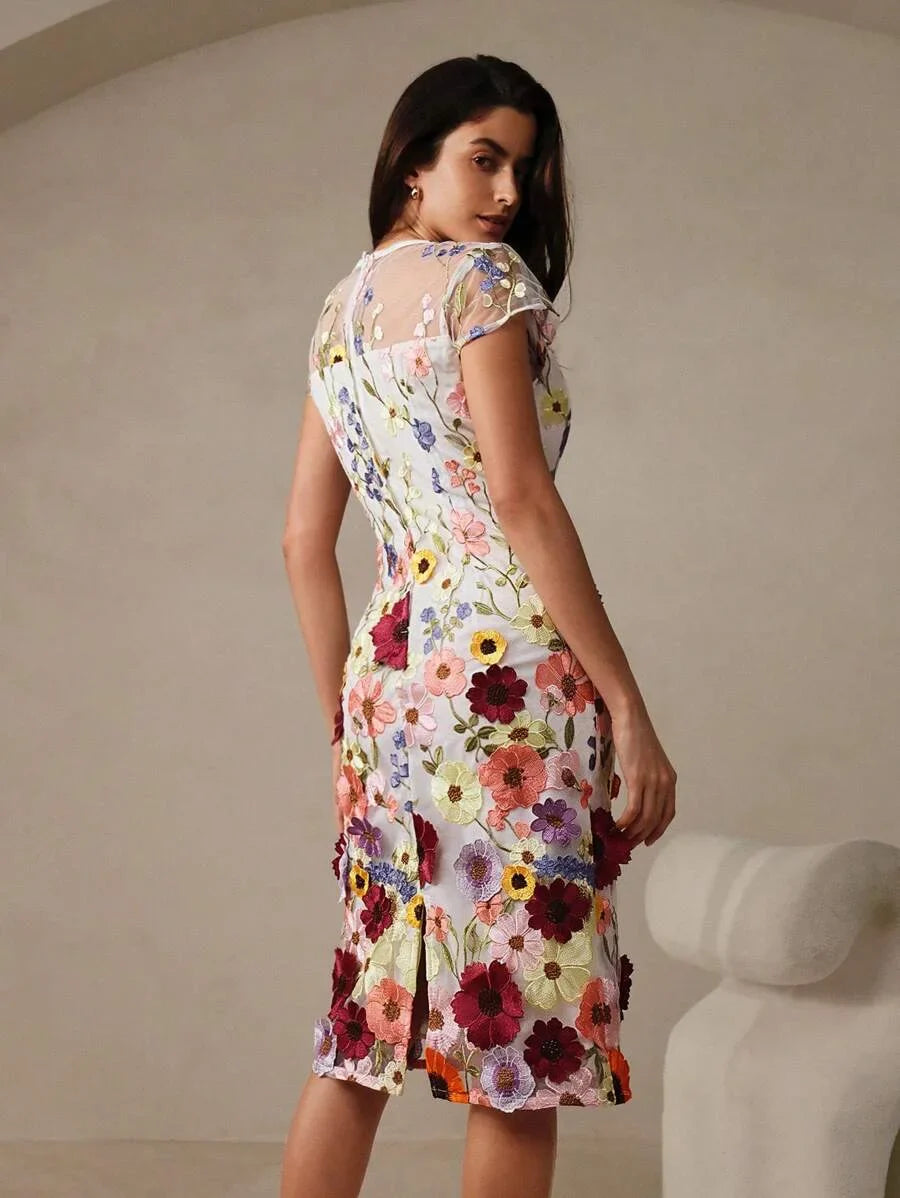 Elegant Party Delicate 3D Floral Decor Women Round Neck Slim Fit Waist Short Dress