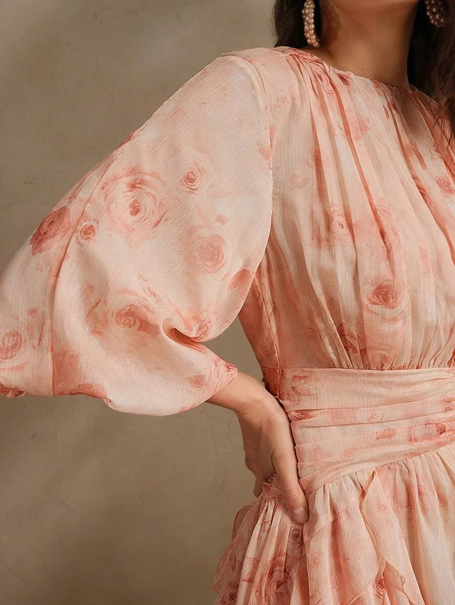 Elegant Ruffle Cinched Waist ALine Pink Floral Print Lantern Sleeve Satin Chiffon Dress For Women