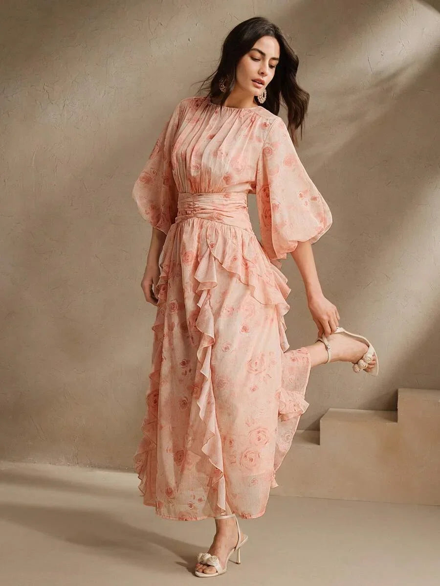 Elegant Ruffle Cinched Waist ALine Pink Floral Print Lantern Sleeve Satin Chiffon Dress For Women