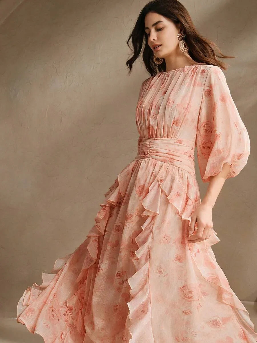 Elegant Ruffle Cinched Waist ALine Pink Floral Print Lantern Sleeve Satin Chiffon Dress For Women