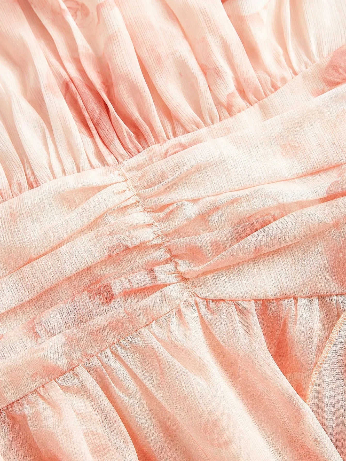 Elegant Ruffle Cinched Waist ALine Pink Floral Print Lantern Sleeve Satin Chiffon Dress For Women