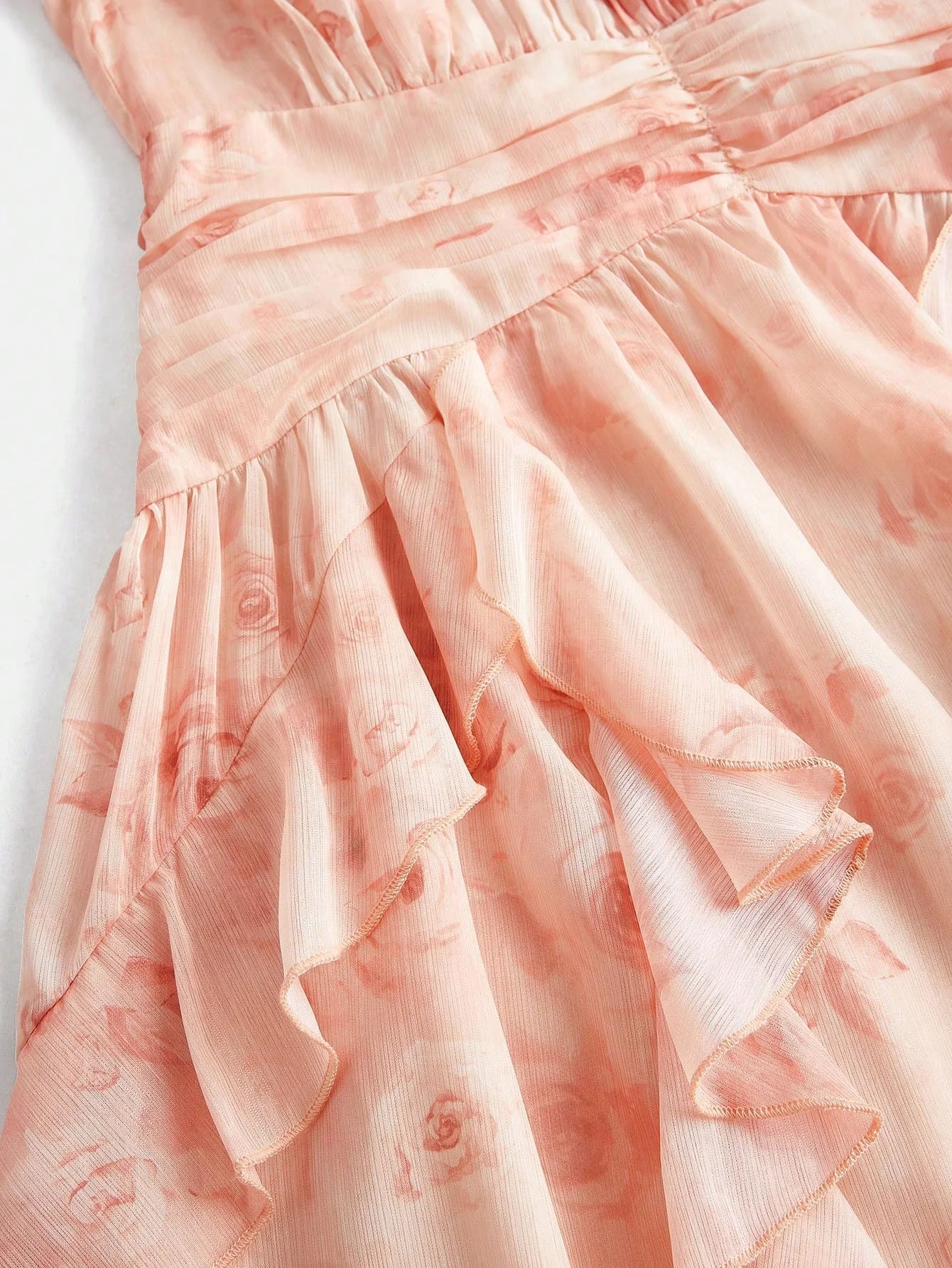 Elegant Ruffle Cinched Waist ALine Pink Floral Print Lantern Sleeve Satin Chiffon Dress For Women