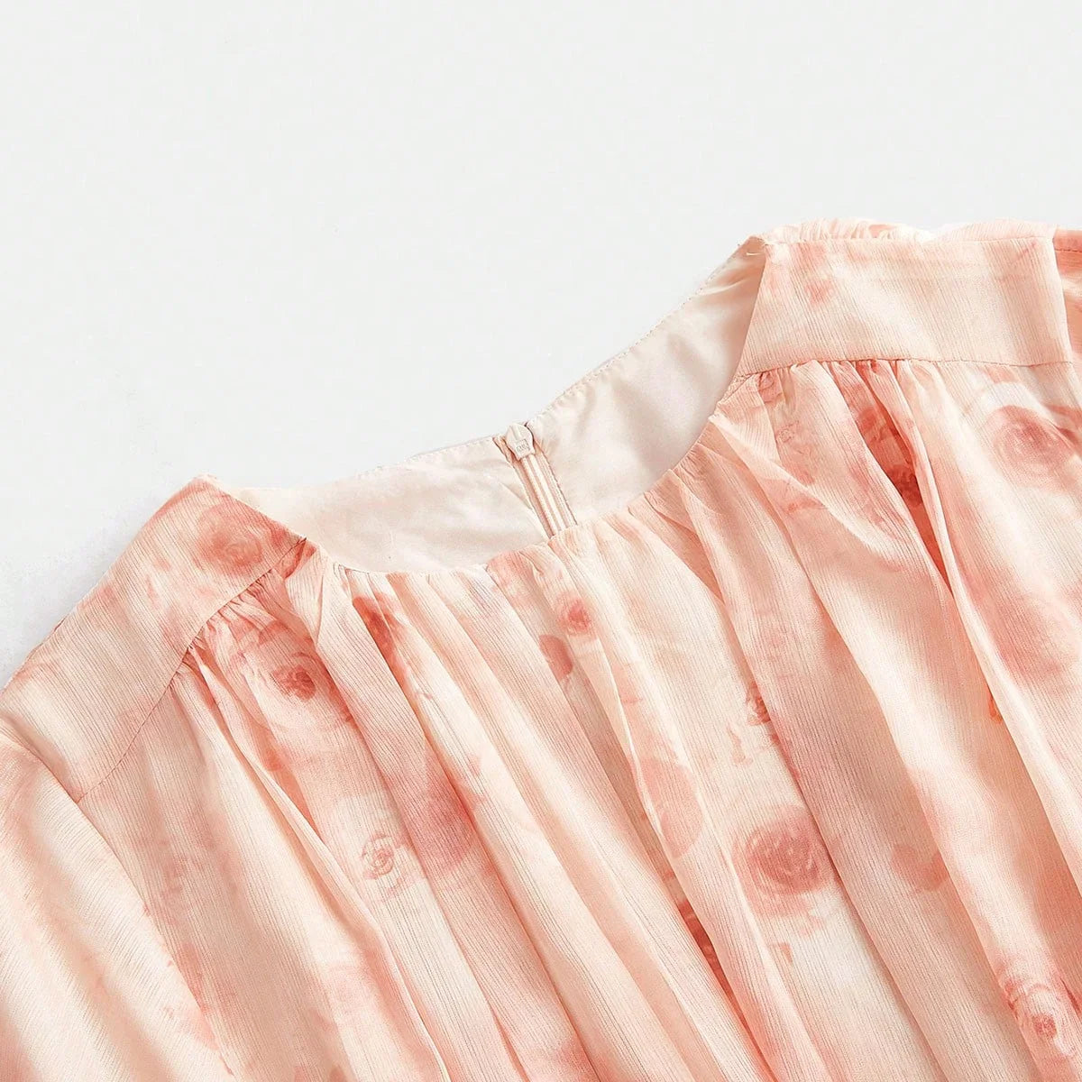 Elegant Ruffle Cinched Waist ALine Pink Floral Print Lantern Sleeve Satin Chiffon Dress For Women