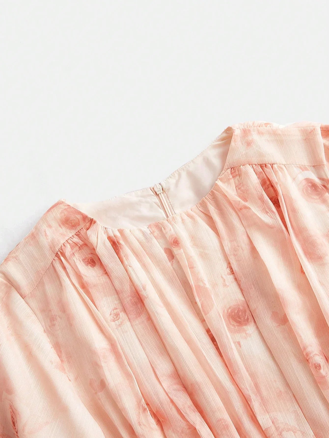 Elegant Ruffle Cinched Waist ALine Pink Floral Print Lantern Sleeve Satin Chiffon Dress For Women