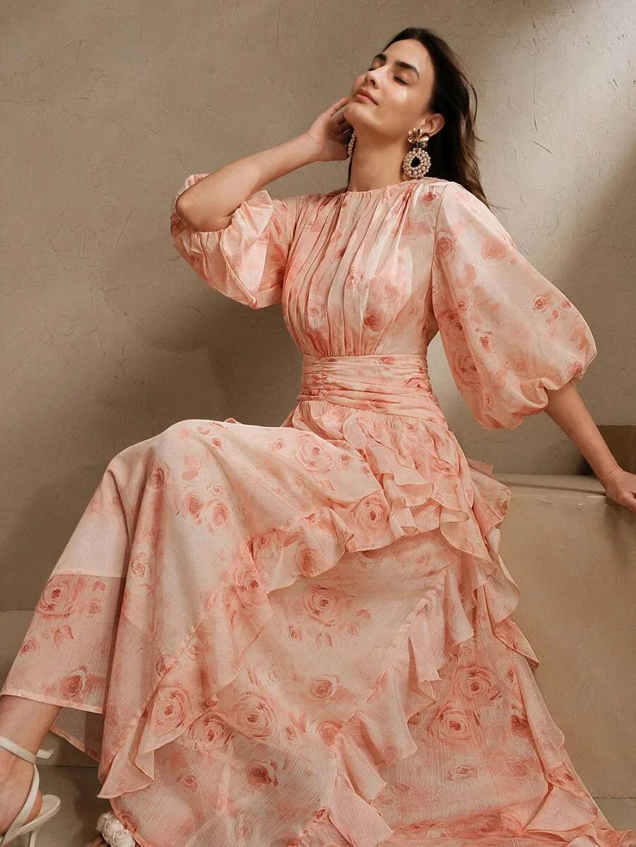 Elegant Ruffle Cinched Waist ALine Pink Floral Print Lantern Sleeve Satin Chiffon Dress For Women