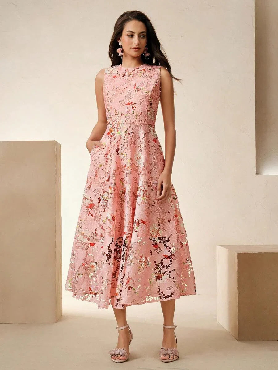 Elegant Sleeveless Ditsy Floral Embroidered Sundress For Women Suitable For Spring Summer Vacation