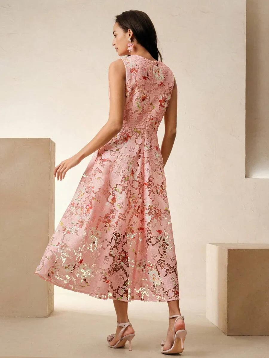 Elegant Sleeveless Ditsy Floral Embroidered Sundress For Women Suitable For Spring Summer Vacation