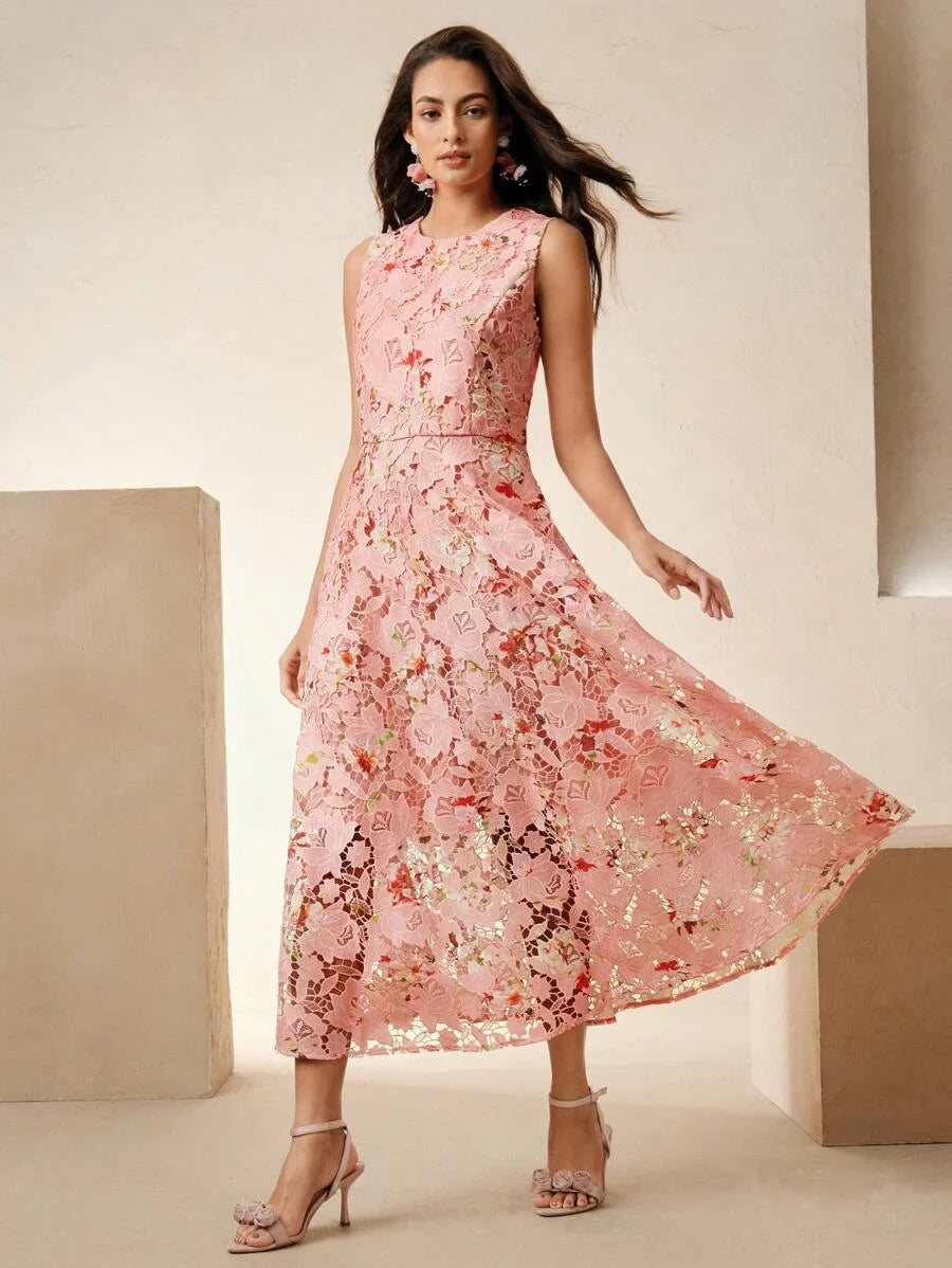 Elegant Sleeveless Ditsy Floral Embroidered Sundress For Women Suitable For Spring Summer Vacation