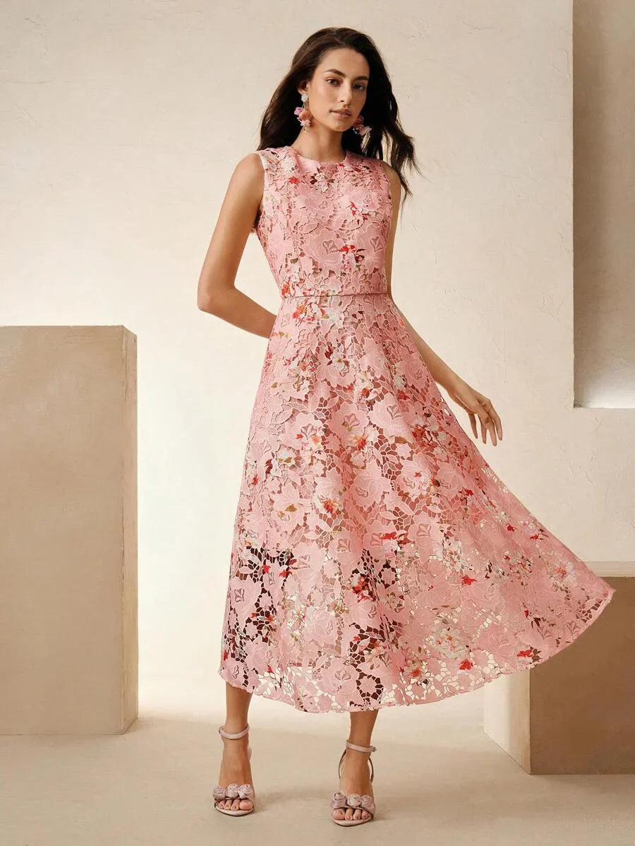 Elegant Sleeveless Ditsy Floral Embroidered Sundress For Women Suitable For Spring Summer Vacation