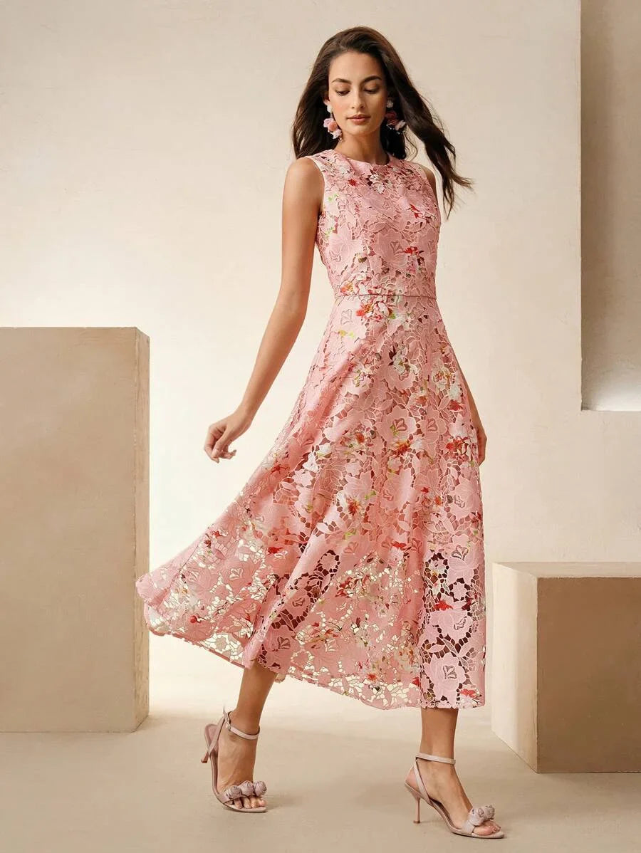 Elegant Sleeveless Ditsy Floral Embroidered Sundress For Women Suitable For Spring Summer Vacation
