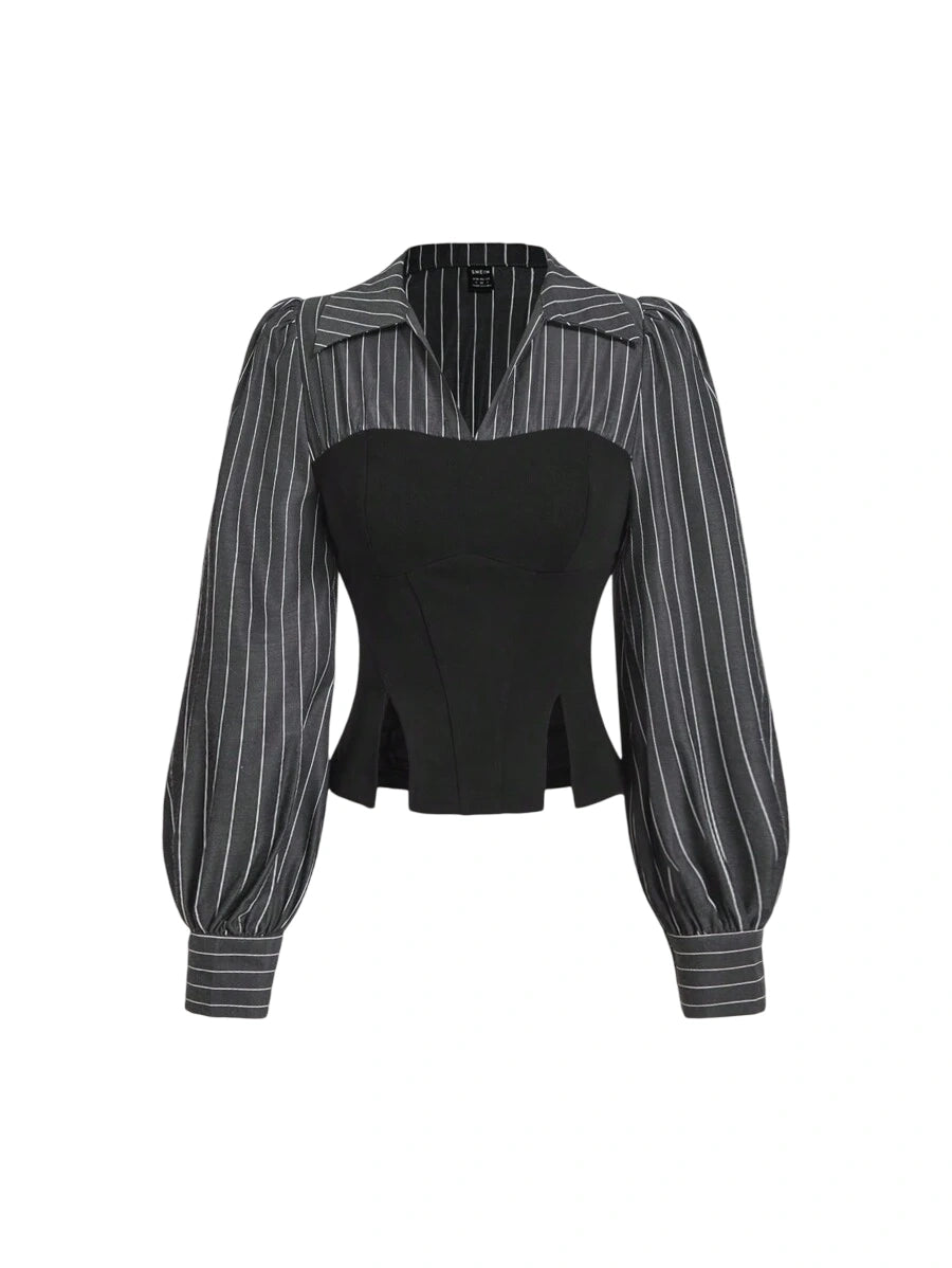 Elegant Striped Patchwork Cinched Waist Split Hem Blouse Autumn