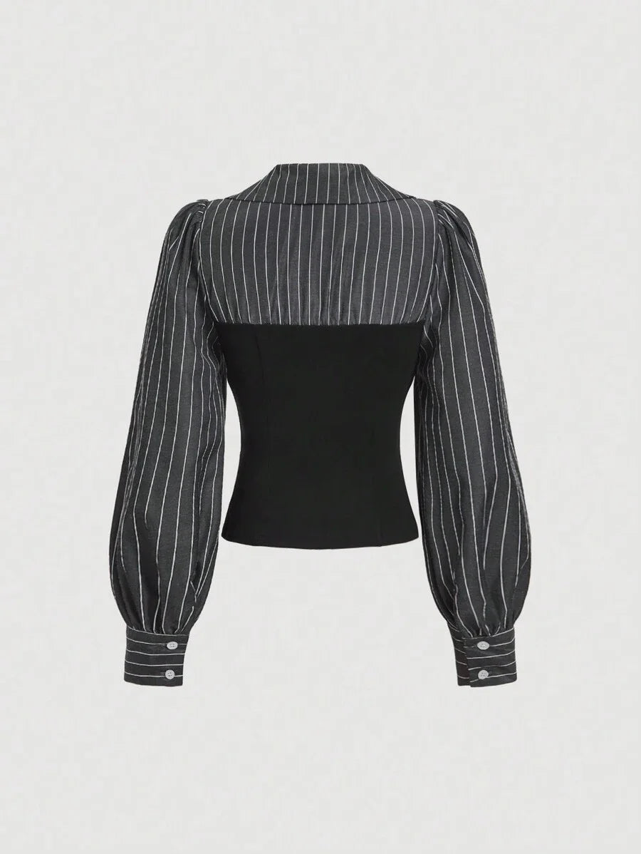Elegant Striped Patchwork Cinched Waist Split Hem Blouse Autumn