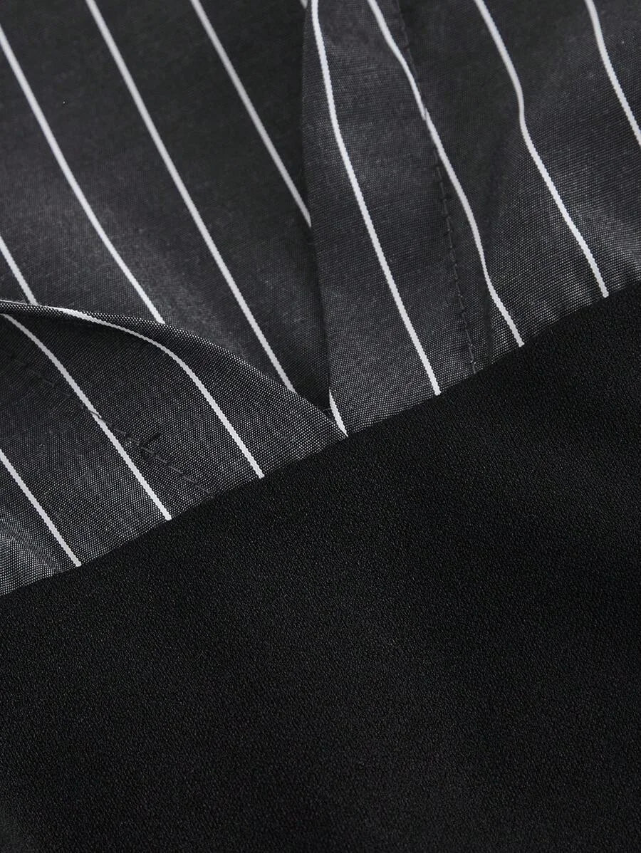 Elegant Striped Patchwork Cinched Waist Split Hem Blouse Autumn