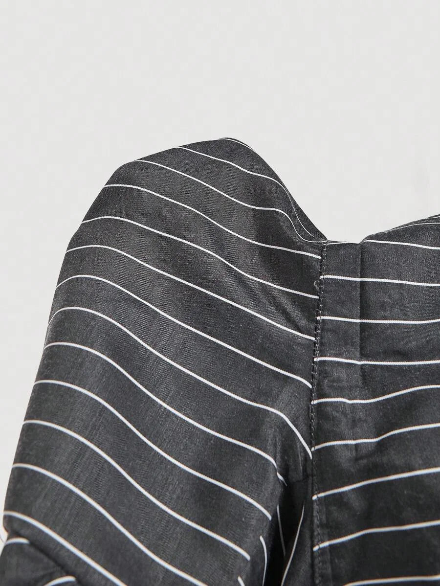 Elegant Striped Patchwork Cinched Waist Split Hem Blouse Autumn