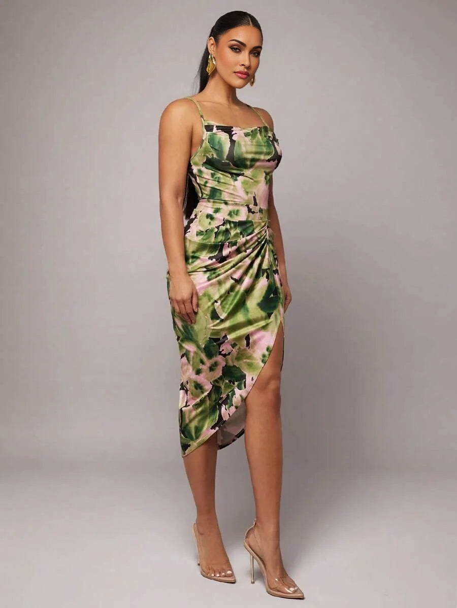Elegant Sweet Romantic Women VNeck Split Tie Dye Floral Print Dress Suitable For School Dance