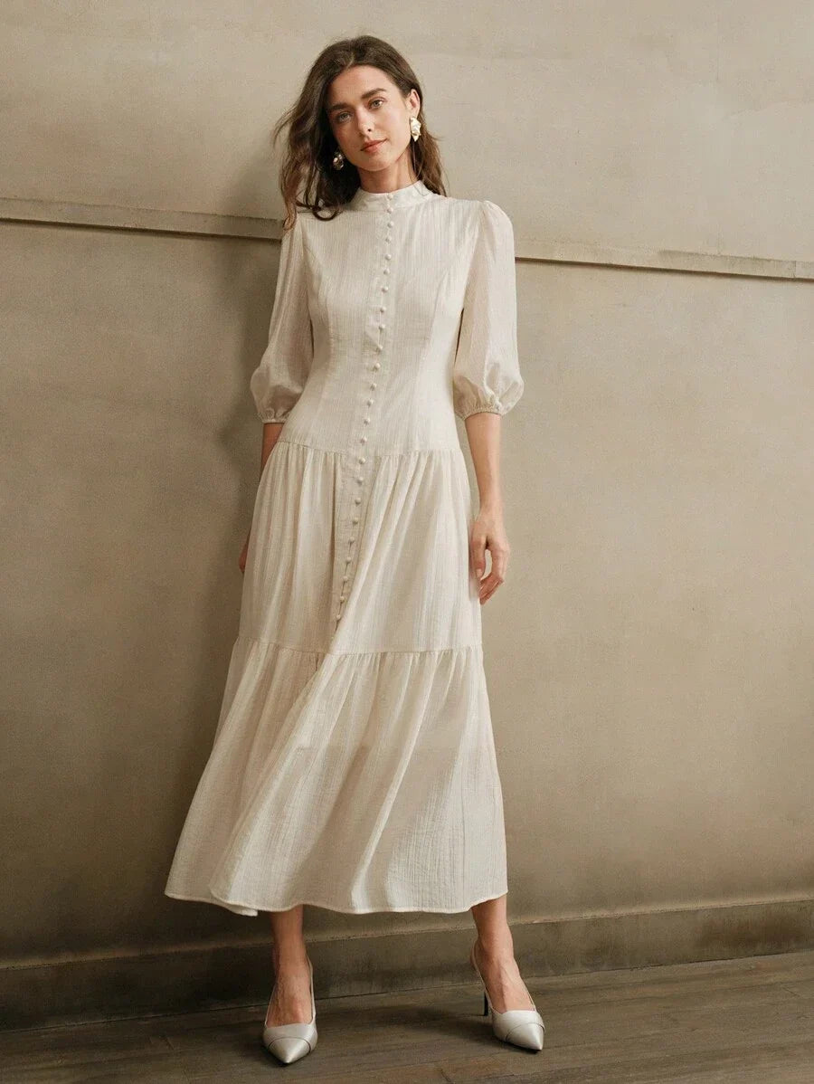 Elegant Vintage Women White Loose Weave Midi Dress Maxi Women Outfit