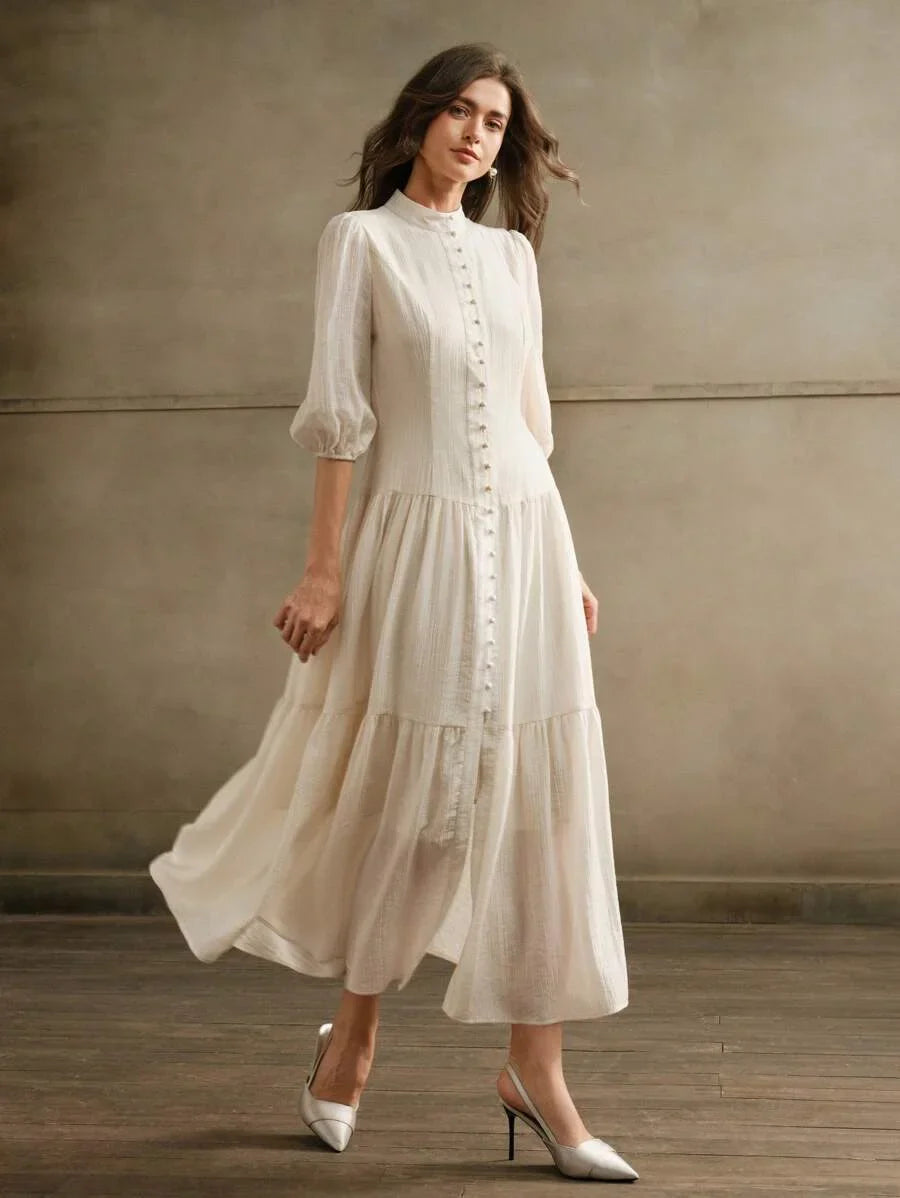 Elegant Vintage Women White Loose Weave Midi Dress Maxi Women Outfit