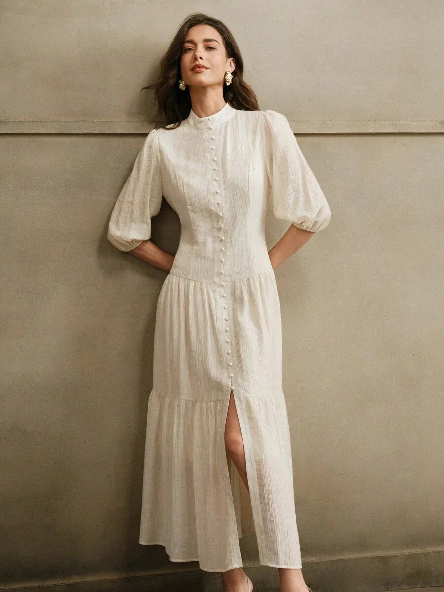 Elegant Vintage Women White Loose Weave Midi Dress Maxi Women Outfit