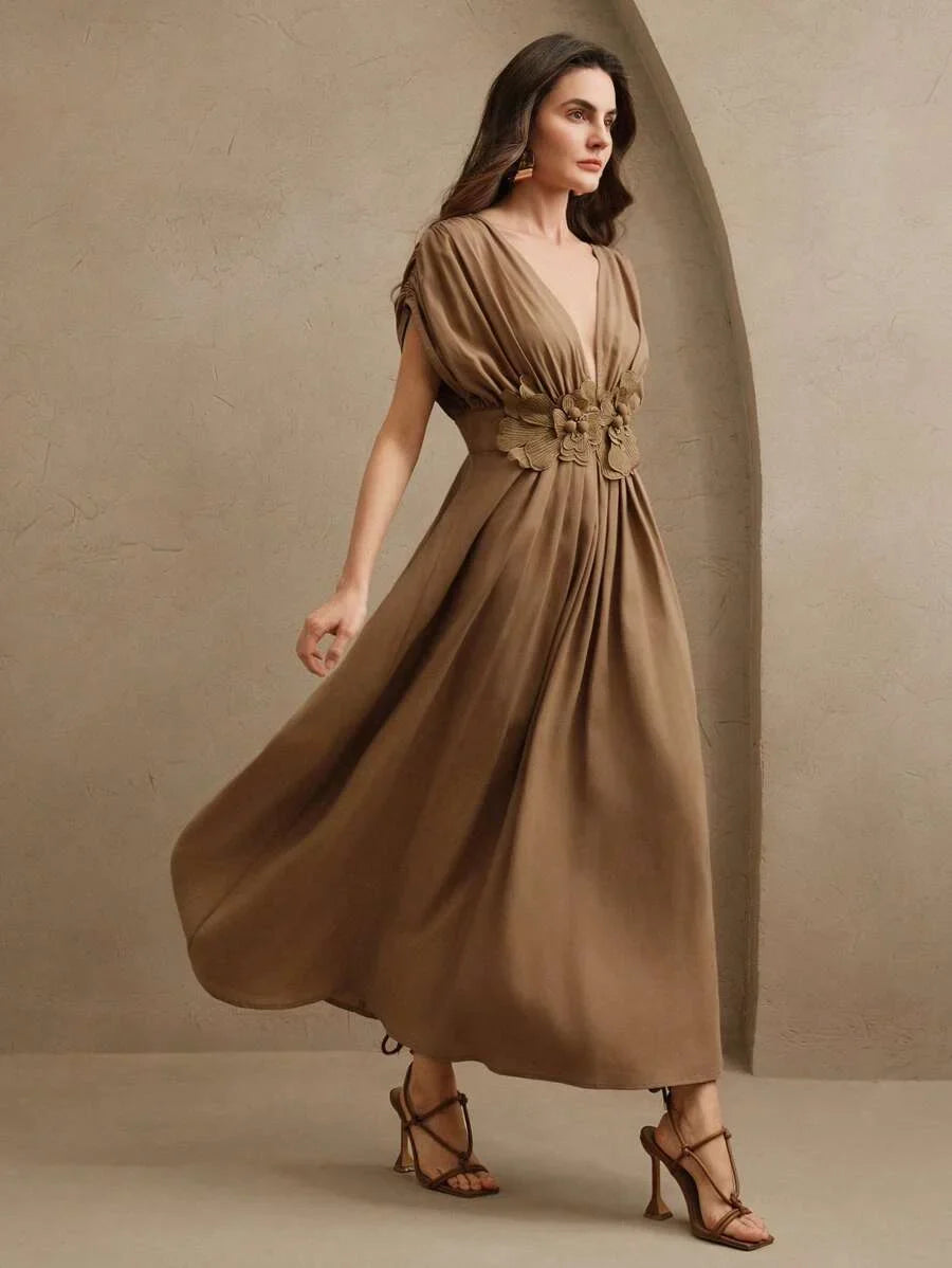 Elegant Waist 3D Floral Accent Gathered Waist Resort Ruched Design Dress Boho Festival Going Out