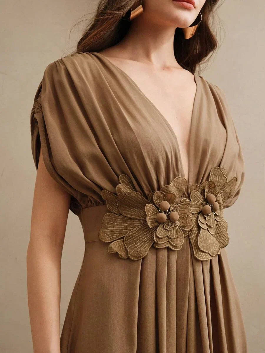 Elegant Waist 3D Floral Accent Gathered Waist Resort Ruched Design Dress Boho Festival Going Out