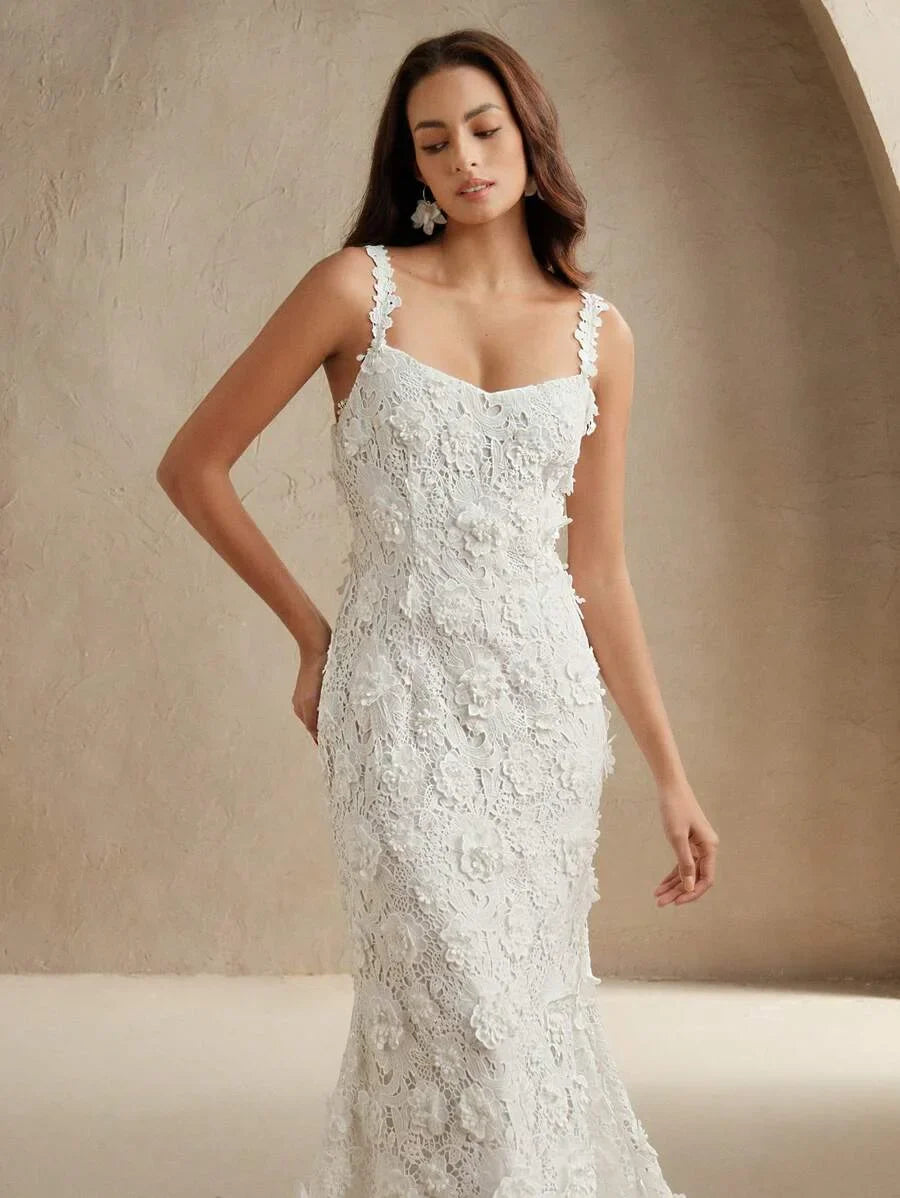 Elegant WaterSoluble 3D Floral Embroidered Long Dress For Women SpringSummer